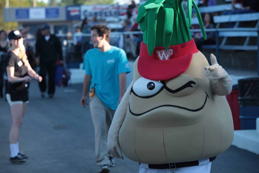 A person dressed in a large onion costume with a red cap marked "W^2" strolls down the pathway, making a hand gesture as if greeting an old friend. Amidst the onlookers near the bleachers, one might mistake them for the local veterinarian incognito, delighting passersby.