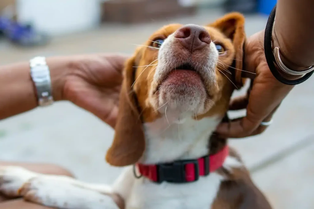 A close-up of a brown and white dog wearing a red collar, enjoying being petted by a person with both hands, outdoors on a blurred background.