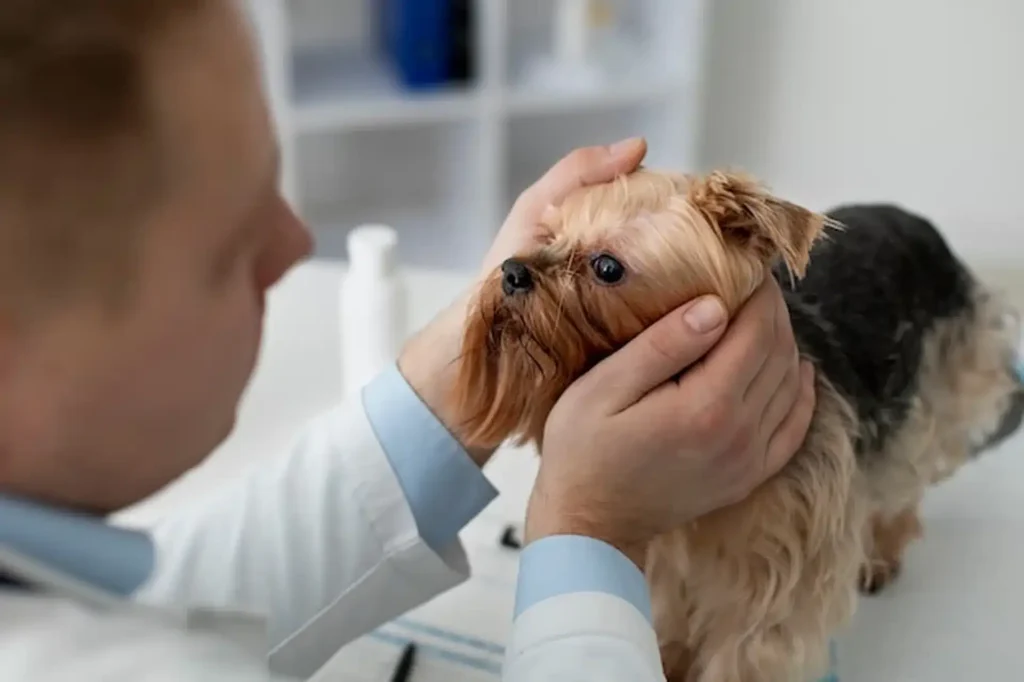 A veterinarian gently holds and examines a small Yorkshire Terrier dog, focusing on its eyes, in a bright, clinical setting.